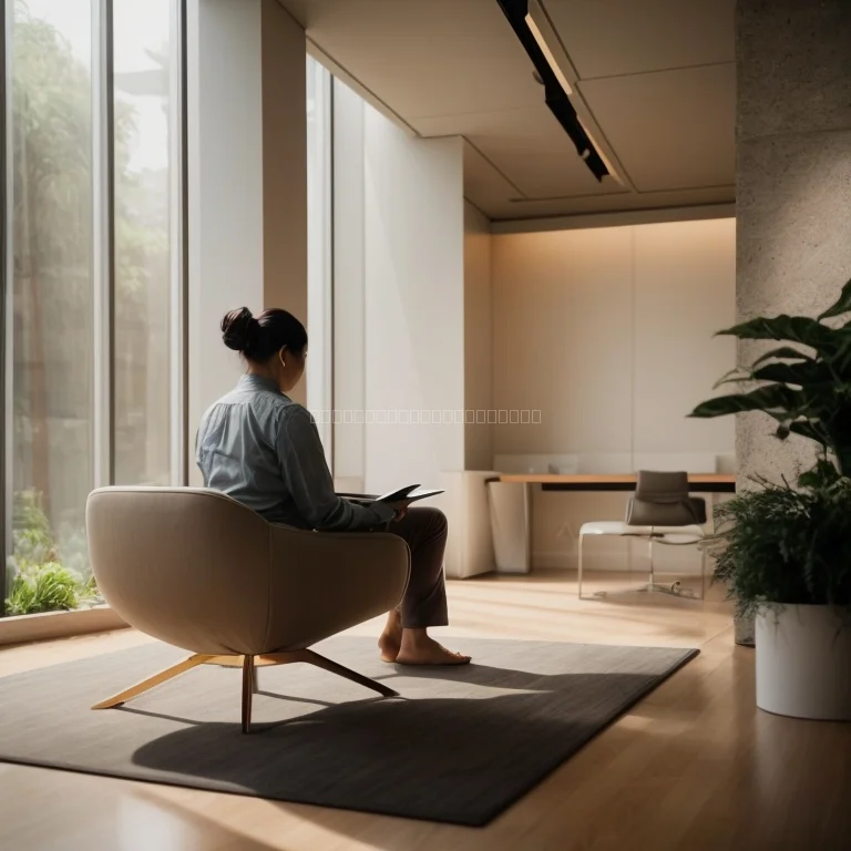 Executive meditating with city skyline in background